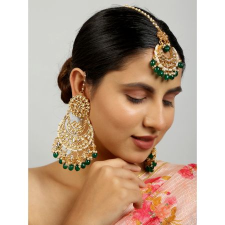 Artisan Made Kundan Chandelier Earrings With Matching Maang Tikka